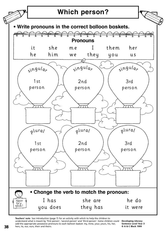 Worksheet illustrating first and third person narration distinctions for fourth graders