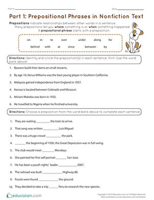 Worksheet featuring prepositional phrases in nonfiction texts for fourth graders