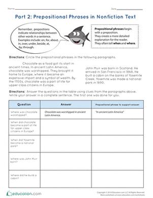 Worksheet focusing on prepositional phrases in nonfiction texts for fourth graders