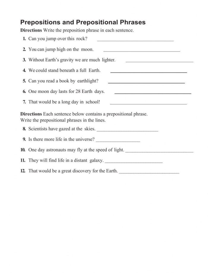 Worksheet for identifying prepositional phrases in nonfiction texts for fourth graders