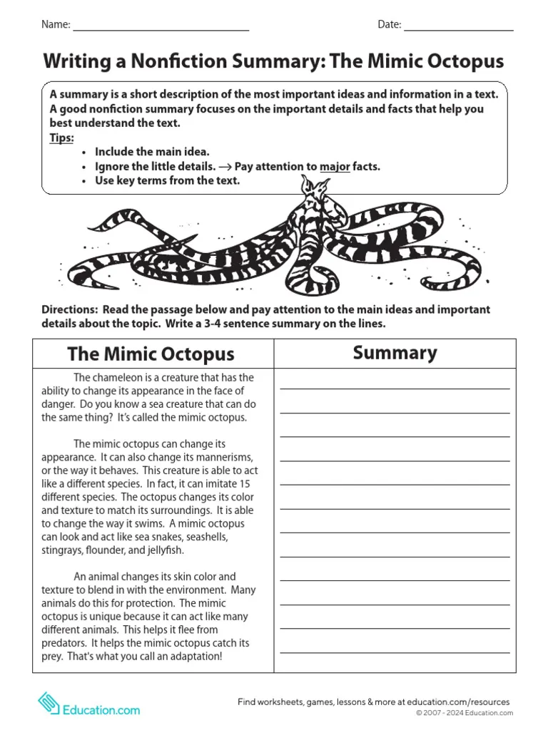 Worksheet for writing nonfiction summaries about the Mimic Octopus for fourth graders