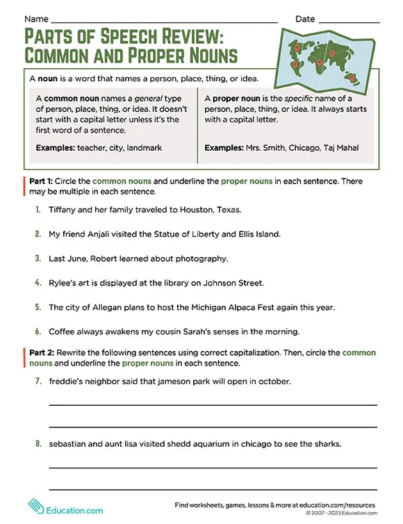 Fourth grade worksheet highlighting common and proper noun identification exercises