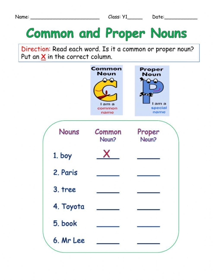 Fourth grade worksheet featuring a grammar review exercise on identifying common and proper nouns