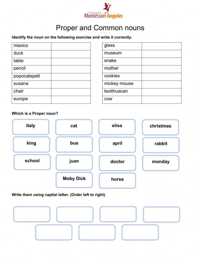 Fourth grade worksheet showing common and proper nouns exercises with example sentences and fill-in activities for parts of speech review