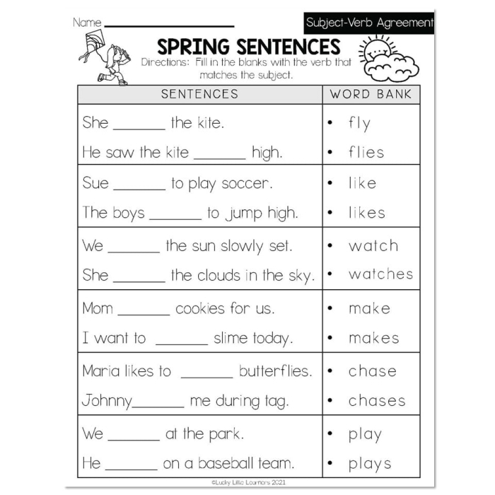 Fourth grade worksheet for practicing noun and verb agreement exercises