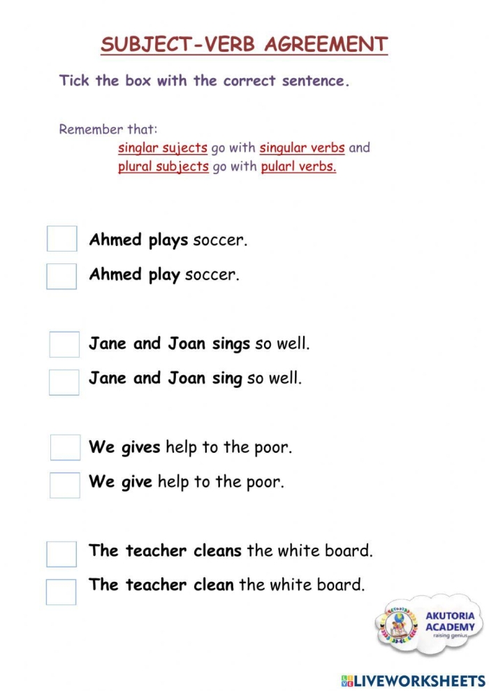 Fourth grade student completing a noun and verb agreement grammar exercise sheet