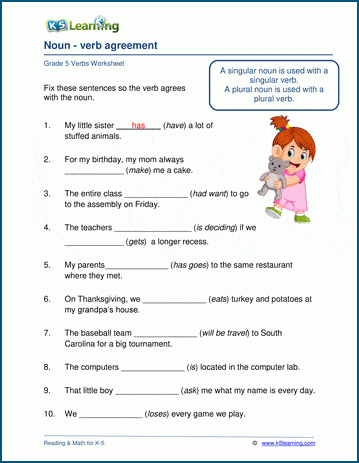 Fourth grade student completing a noun and verb agreement grammar worksheet
