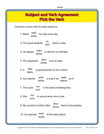 Fourth grade students practice identifying and writing subject-verb agreement on this printable grammar worksheet