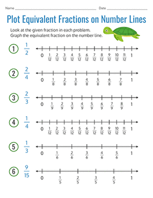 Students plotting equivalent fractions on a number line in a fourth-grade math worksheet