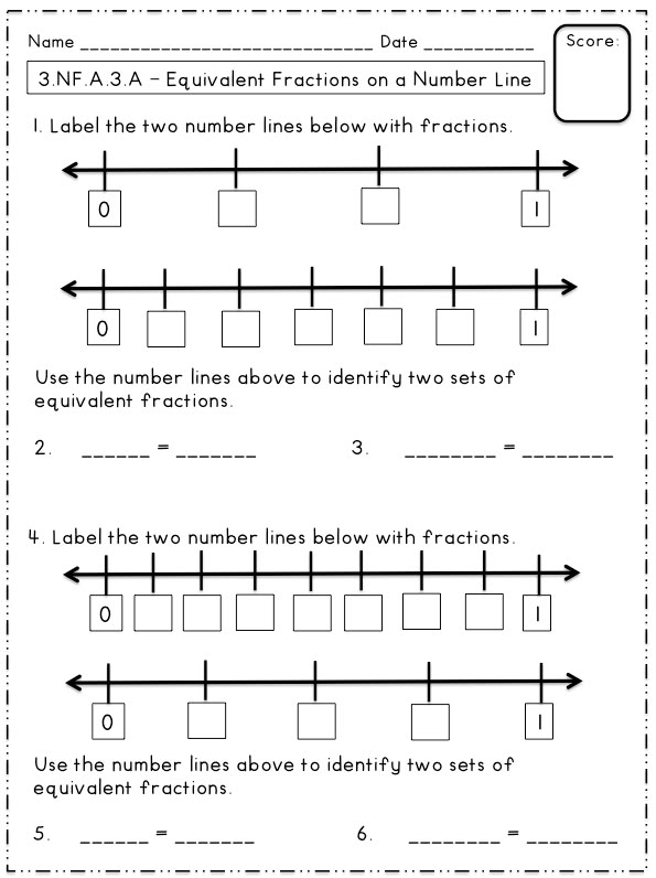 Fourth grade math worksheet featuring number lines for plotting equivalent fractions