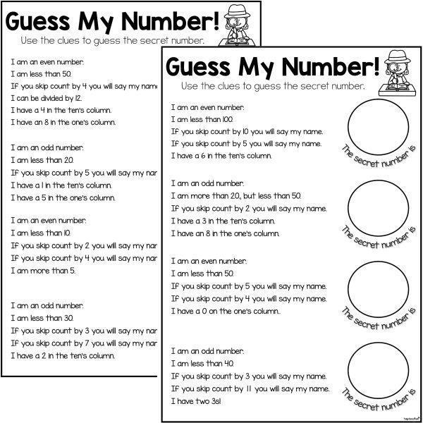 Fourth Grade Guess My Number Math Riddle Activity Sheet 8 Children solving a number-guessing math riddle worksheet with clues to identify a mystery number