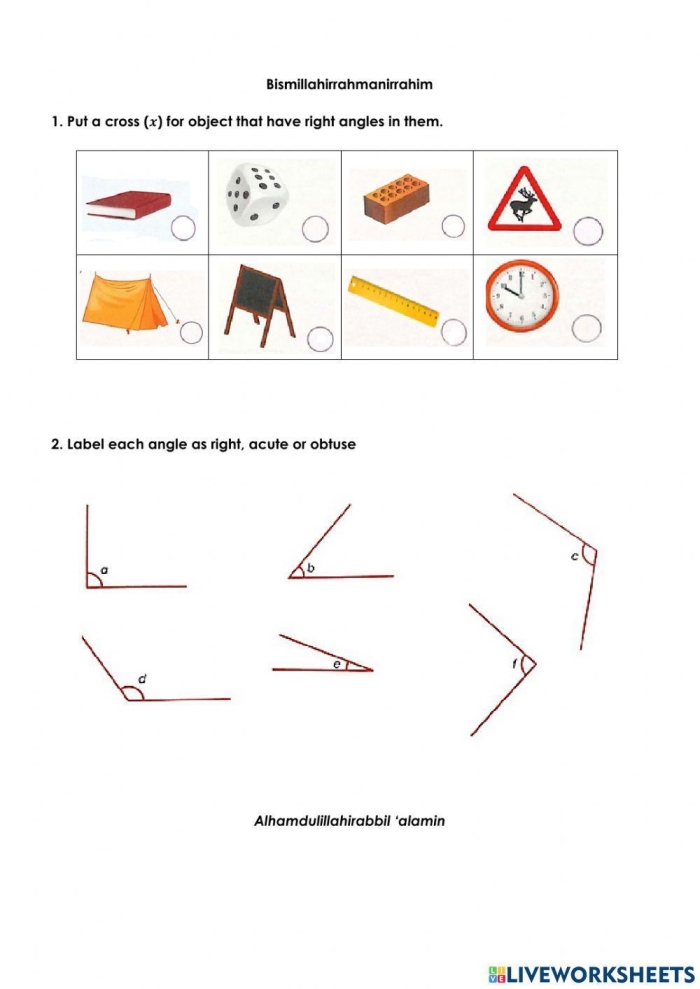 Fourth grade math worksheet featuring practice exercises for identifying obtuse angles