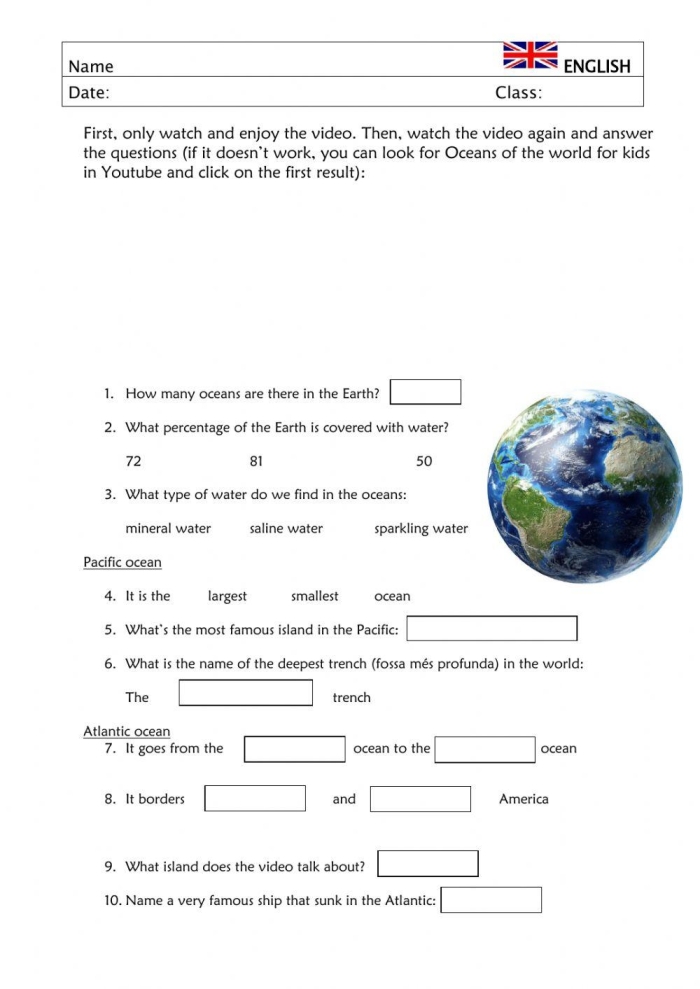 World Oceans Data and Graphing Worksheet Number Twenty Two Fourth grade student completing a data and graphing worksheet about the five world oceans