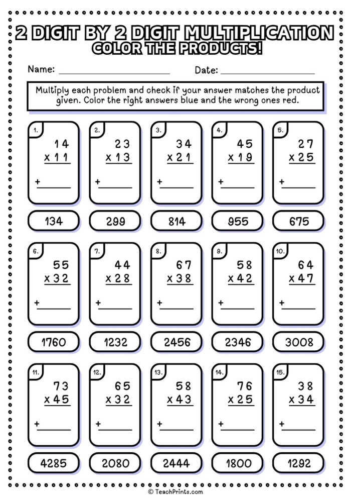 2-Digit Multiplication worksheet for fourth graders focusing on one-digit by two-digit multiplication problems