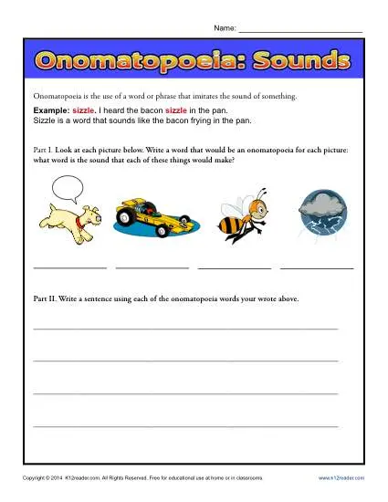 Worksheet featuring various sound words like BOOM! for understanding onomatopoeia