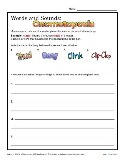 Worksheet featuring various sound words like "BOOM!" for understanding onomatopoeia in reading.