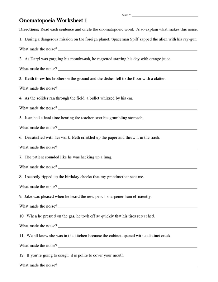 Fourth grade worksheet featuring onomatopoeic words like creaks and squeaks. Engaging activities on sound-based language for young readers.