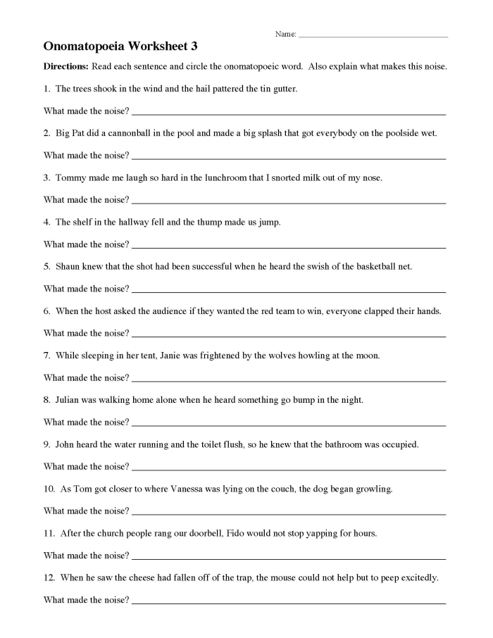 Worksheet featuring various sound words for understanding onomatopoeia in reading. Engaging onomatopoeia worksheet for fourth graders with sound-related vocabulary.