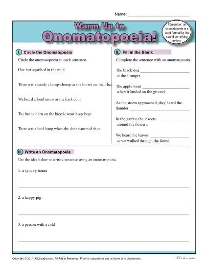 Worksheet featuring various sound-related words like creaks and squeaks for learning about onomatopoeia. Engaging fourth-grade reading worksheet on the concept of onomatopoeia.
