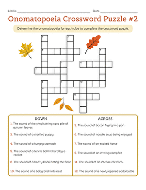 A fourth grade worksheet featuring a variety of sound effect words like boom and squeak