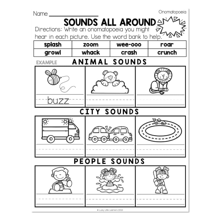 Fourth grade reading worksheet featuring colorful examples of sound-based words like creaks and squeaks
