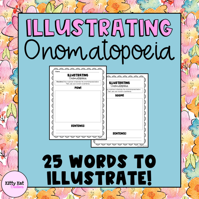 Worksheet featuring various sound words like creaks and squeaks for learning onomatopoeia