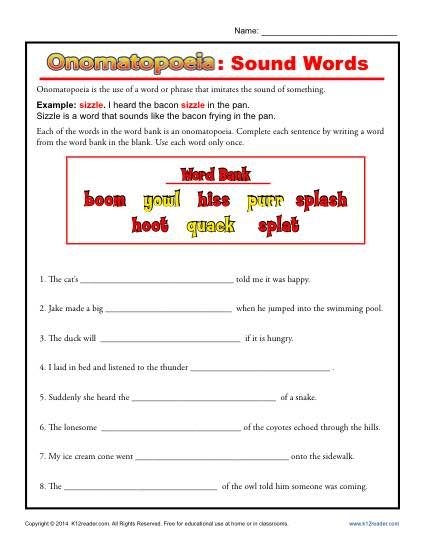 Fourth grade reading worksheet featuring sound effect words like boom and squeak to help students identify onomatopoeia