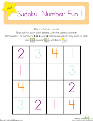 Fourth grade Paint by Number Sudoku 3 worksheet featuring colorful numbers and puzzle grid