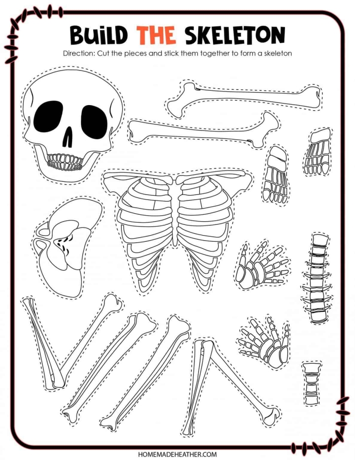 Fourth graders assembling a colorful paper skeleton craft project with cut-out bones and pieces