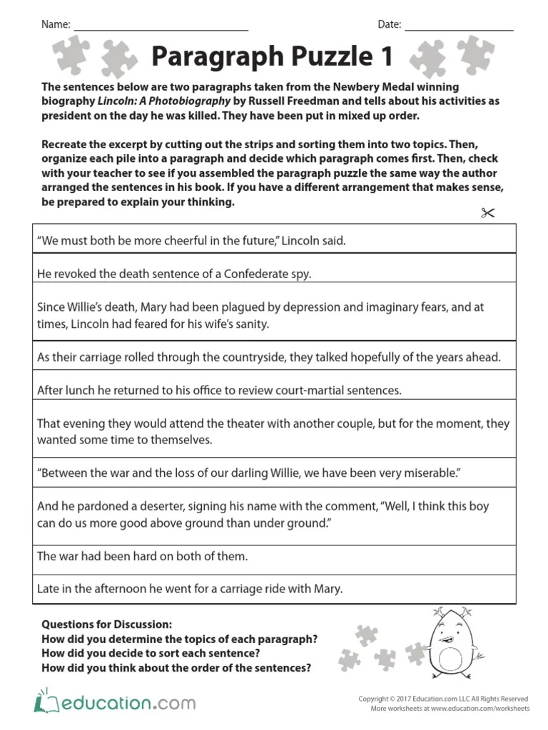 Paragraph Puzzle 1 Worksheet Patterns Exercise 8 Fourth grade student working on a paragraph puzzle worksheet to identify text structure patterns