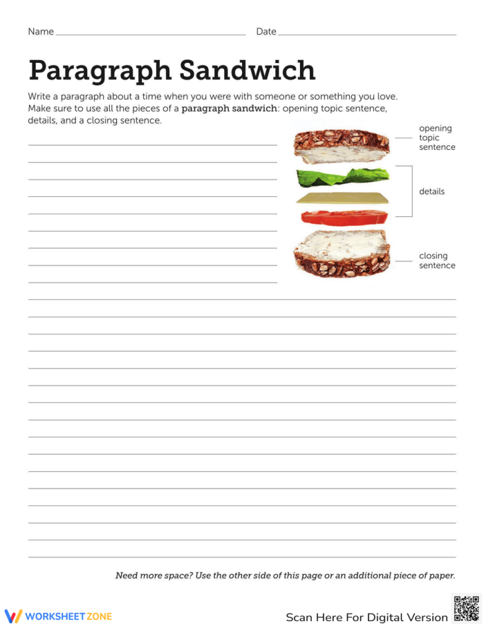 Fourth grade student using a Paragraph Sandwich worksheet to practice organized writing structure