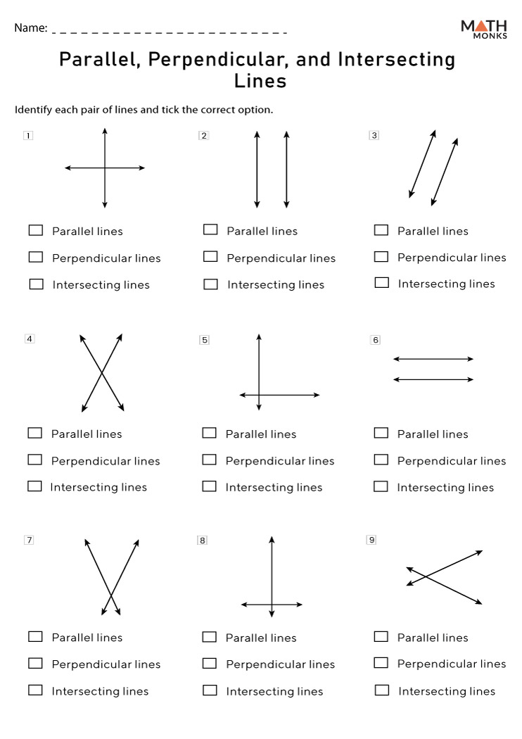 Parallel and Perpendicular Lines Geometry Practice Worksheet 14 Fourth grade geometry worksheet featuring exercises on identifying parallel and perpendicular lines