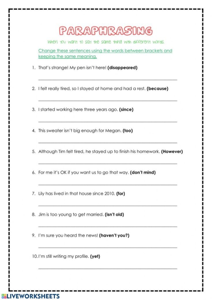 Paraphrasing Practice worksheet for fourth graders focused on improving reading comprehension skills