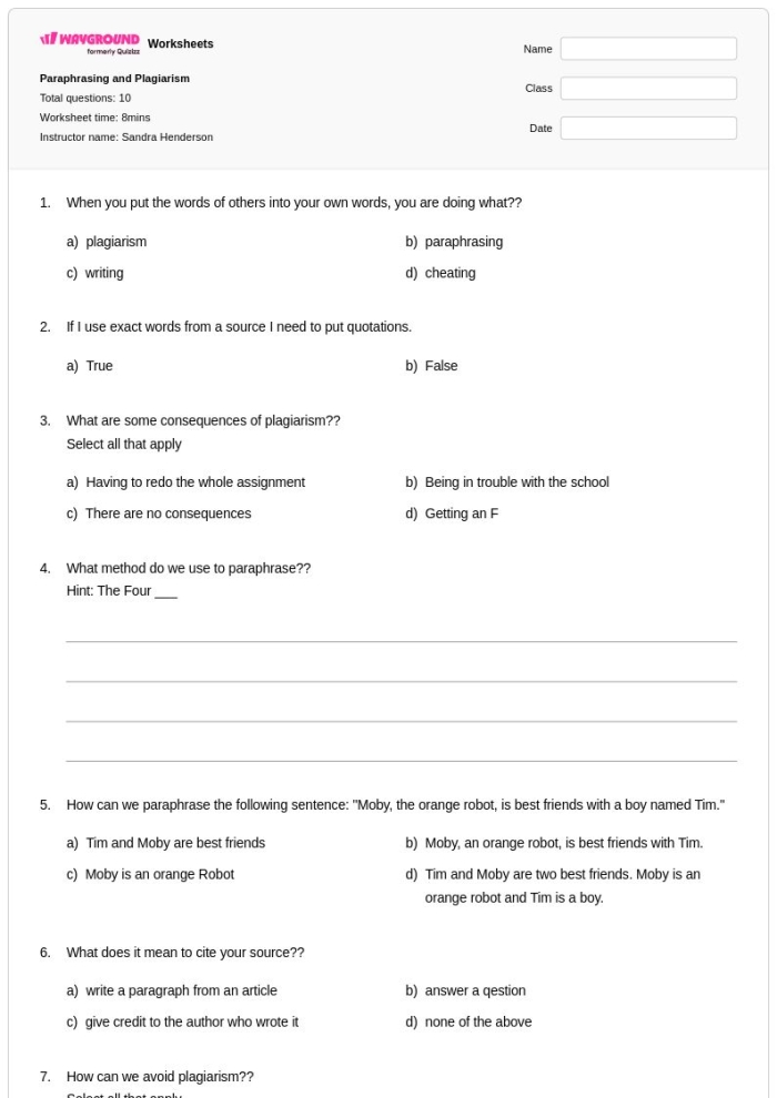 Paraphrasing Practice worksheet designed for fourth graders to enhance reading comprehension skills