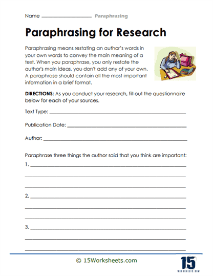 Paraphrasing Practice worksheet for fourth graders focusing on reading comprehension skills