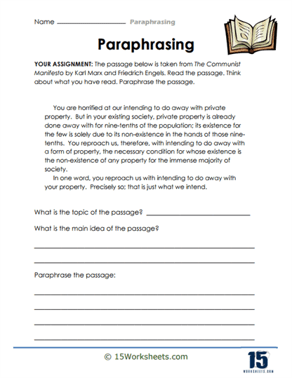 A young student completing a paraphrasing practice worksheet to improve fourth grade reading comprehension skills.