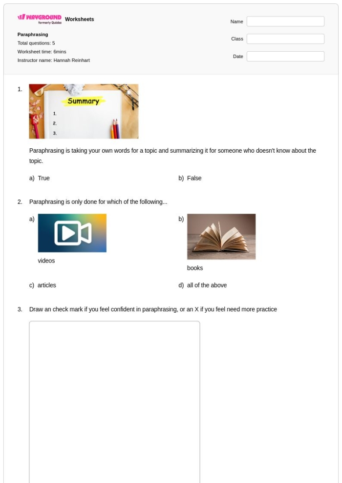 Paraphrasing Practice worksheet designed for fourth graders to enhance reading comprehension skills