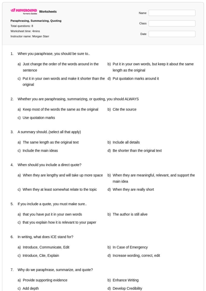 Fourth grade student filling out a Paraphrasing Practice worksheet to improve reading comprehension skills