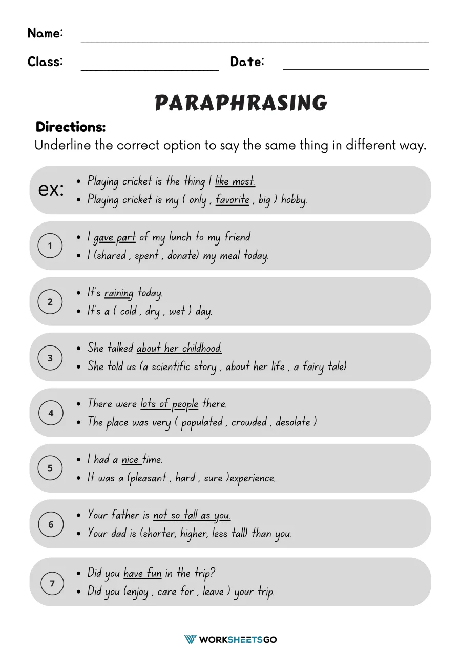 Paraphrasing Practice worksheet designed for fourth graders to improve reading comprehension skills