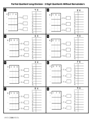 Fourth grade math worksheet featuring eight partial quotient division problems themed around space exploration