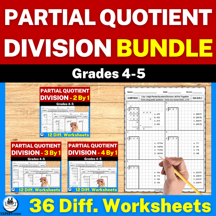 Fourth grade students solving division problems using the partial quotient method on a practice worksheet with eight exercises
