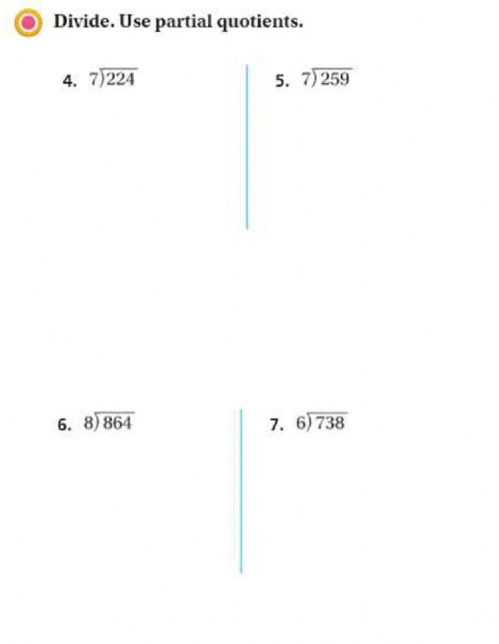 Fourth grade math worksheet showing eight division problems solved using the partial quotient strategy method