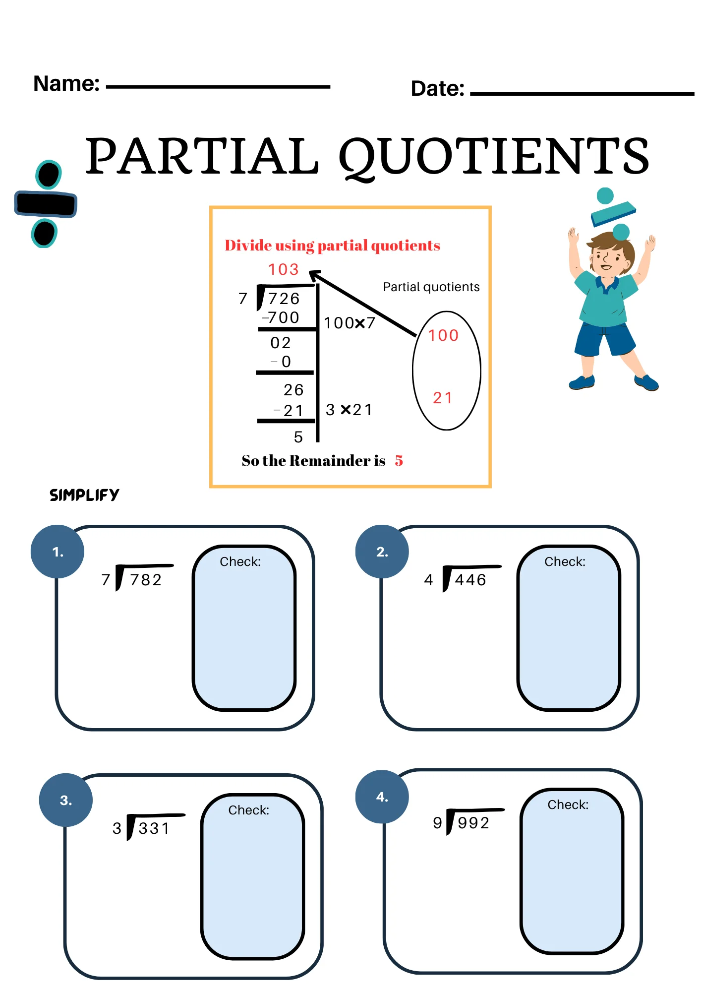 Fourth grade Earth and Space Science worksheet featuring eight math problems solved using the partial quotient division method