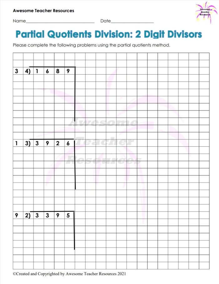 Fourth grade math worksheet featuring eight partial quotient division problems themed around space exploration