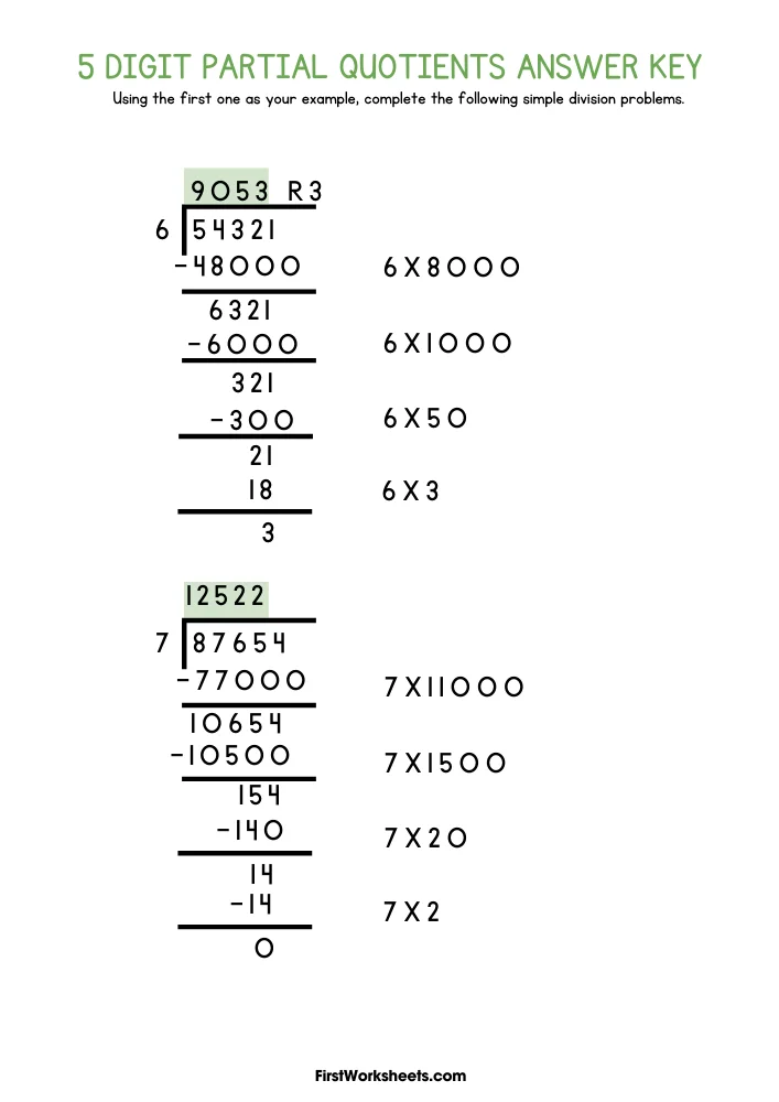 Fourth grade students solving division problems using partial quotient strategy on a practice worksheet with eight math exercises