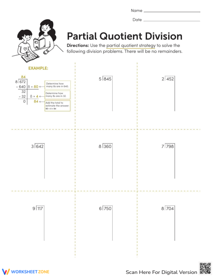 Fourth grade Earth and Space Science worksheet featuring eight math problems to solve using the partial quotient division method