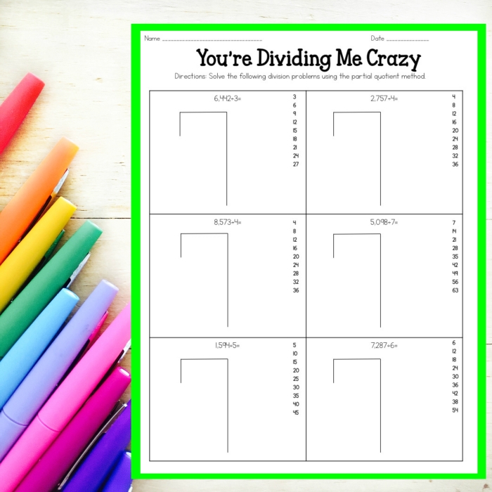Fourth grade math worksheet showing partial quotient division problems with space-themed illustrations for students to practice solving eight division equations
