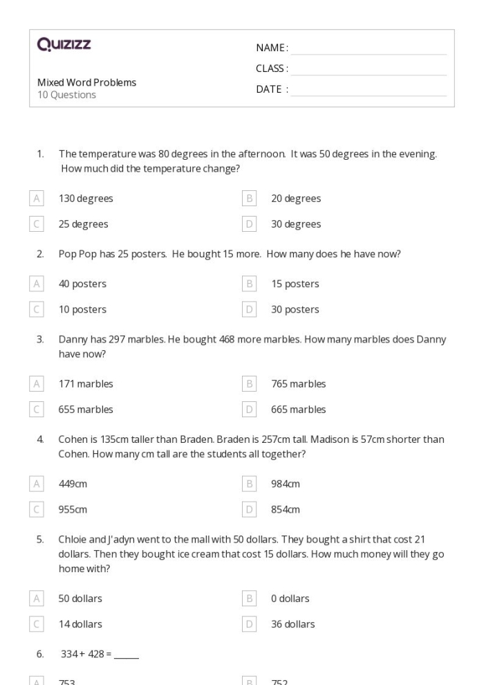 Fourth grade mixed word problems worksheet featuring birthday party planning scenarios for students to solve
