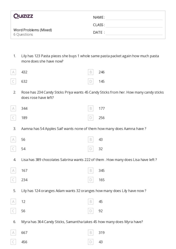 Fourth grade mixed word problems worksheet showing birthday party planning scenarios with math calculations