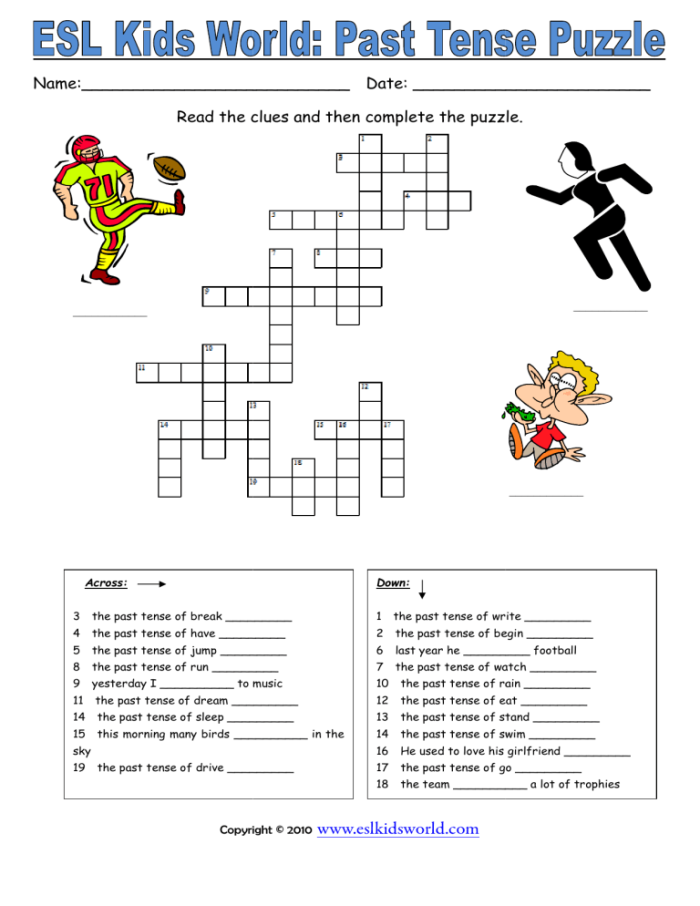 Colorful worksheet featuring a grammar puzzle focused on past tense verbs for fourth graders